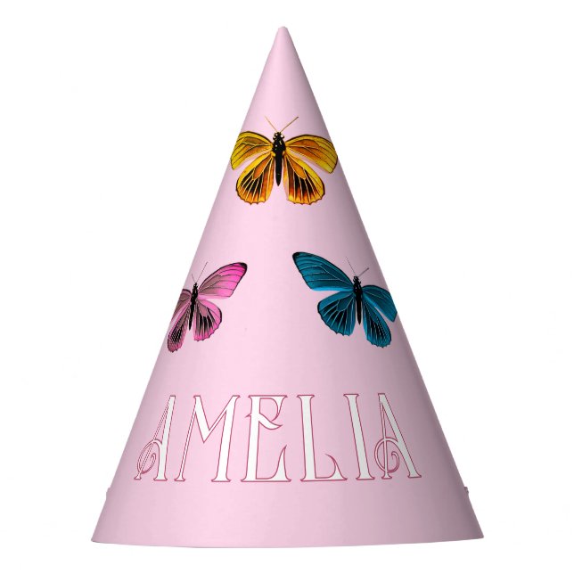 Chapéu De Festa Borboleta rosa-branca Nome Rapariga Aniversário (Frente)