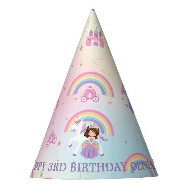 Chapéu De Festa Brunette Princess e Unicorn Rainbow Birthday (Frente)