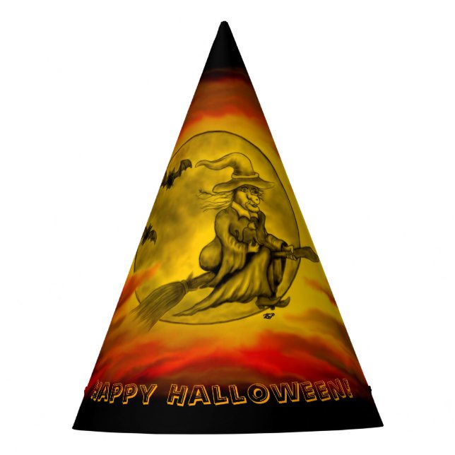 Chapéu De Festa bruxa voadora com gato preto, noite de halloween (Frente)