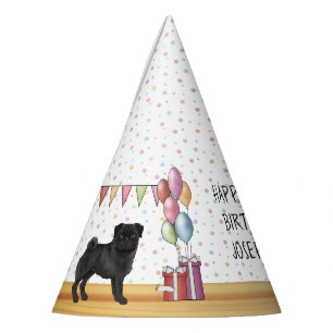 Chapéu De Festa Cachorro Pug Preto Colorido Pastéis Feliz Aniversá