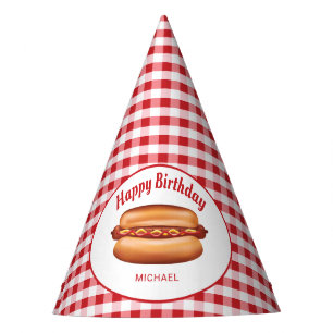 Chapéu De Festa Cachorro Quente No Padrão Vermelho De Gingham Feli