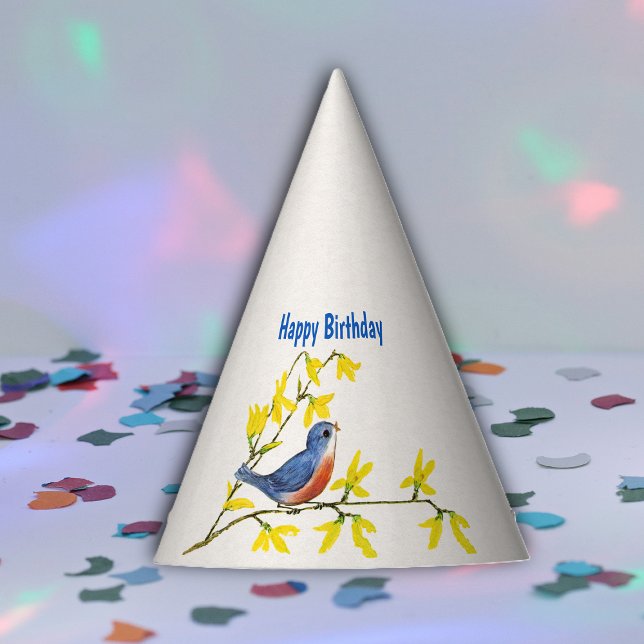 Chapéu De Festa Cantando Pássaro Azul Vermelho em Flores de Aniver (Cute red blue bird on branch yellow spring flowers on Happy birthday paper party hat.)