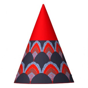 Chapéu de festa com penas de pavão vermelho e azul