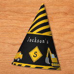 Chapéu De Festa Construction Happy Birthday - Name and Age Boy<br><div class="desc">Celebrate your little one's special day with this custom boy paper party hat with an adorable construction theme. The hat has a dump truck and excavator working together at a road construction site. There are also orange traffic cones, a safety divider, and yellow and black stripes. Add your child's name...</div>