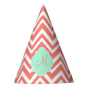 Chapéu De Festa Coral do monograma e Chevron branco com verde da
