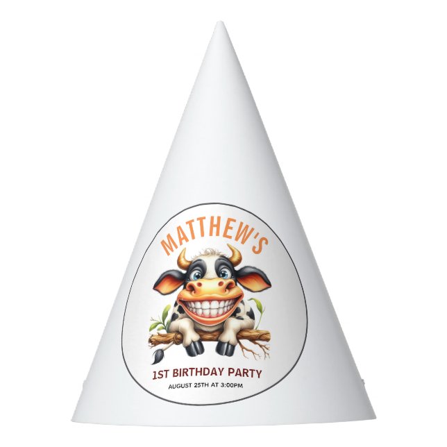 Chapéu De Festa Cute Crazy Cow Farm Theme 1st Birthday (Frente)
