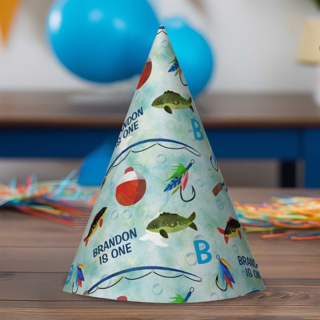 Chapéu De Festa Espécie de pesca do primeiro aniversario-peixe-cam (Fishing themed, boy 1st birthday party cone hat.)