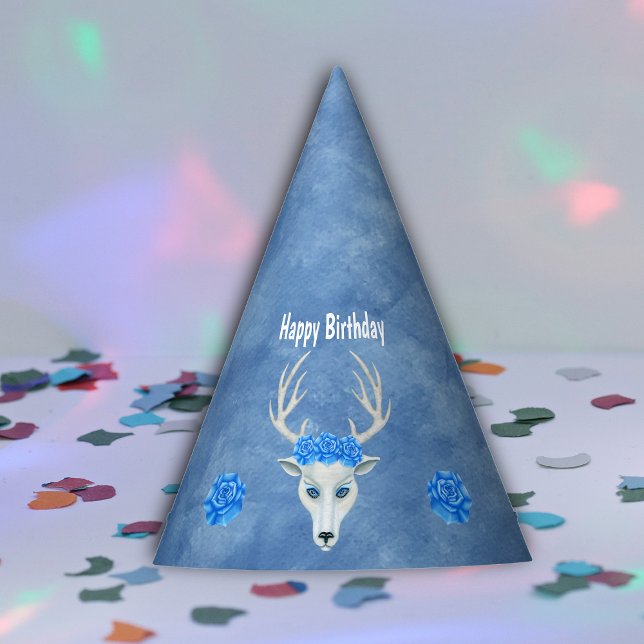 Chapéu De Festa Fantasy White Head of Deer Antlers Blue Rosas (White fantasy deer head big antlers with blue roses on blue Happy Birthday paper party hat.)