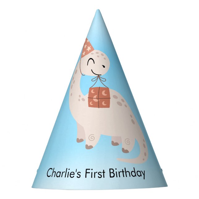 Chapéu De Festa Feliz Brachiossauro Branco Dinossauro com presente (Frente)