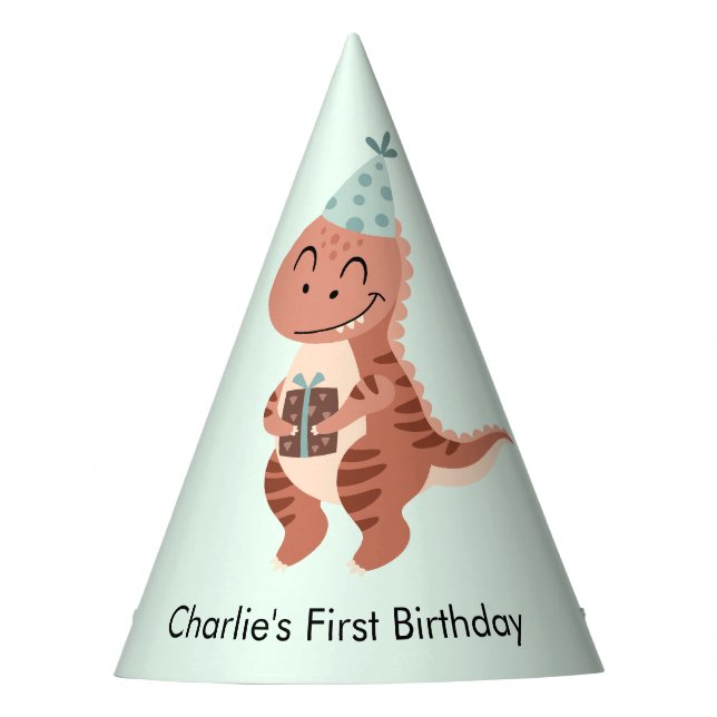 Chapéu De Festa Feliz T-rex Dinossaur com presente de aniversário  (Frente)