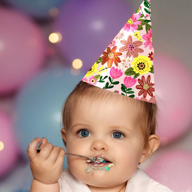 Chapéu De Festa Festa de Aniversário de Menina Floral Rosa Fofa (Cute Pink Floral Girl Birthday Party Party Hat)