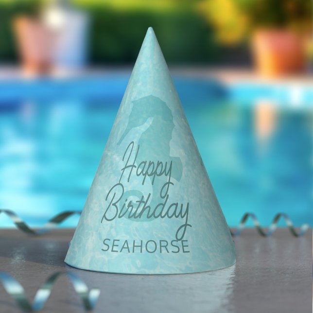 Chapéu De Festa Festa de Piscina de Aniversário Feliz do Cavalo do (Happy Birthday Seahorse! Perfect paper hat for your pool party. Just add your name)