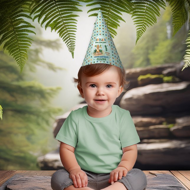 Chapéu De Festa Festa de primeiro aniversario Bonito do Menino Din (Cute Little Dinosaur Boy 1st Birthday Celebration Party Hat)