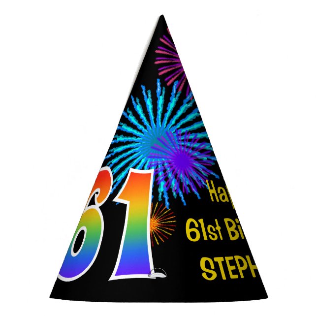 Chapéu De Festa Fireworks divertido + Rainbow Pattern "61" Anivers (Esquerda)