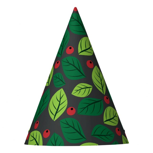 Chapéu De Festa Folhas Verdes, Berries Vermelhos, Padrão De Folhas (Frente)