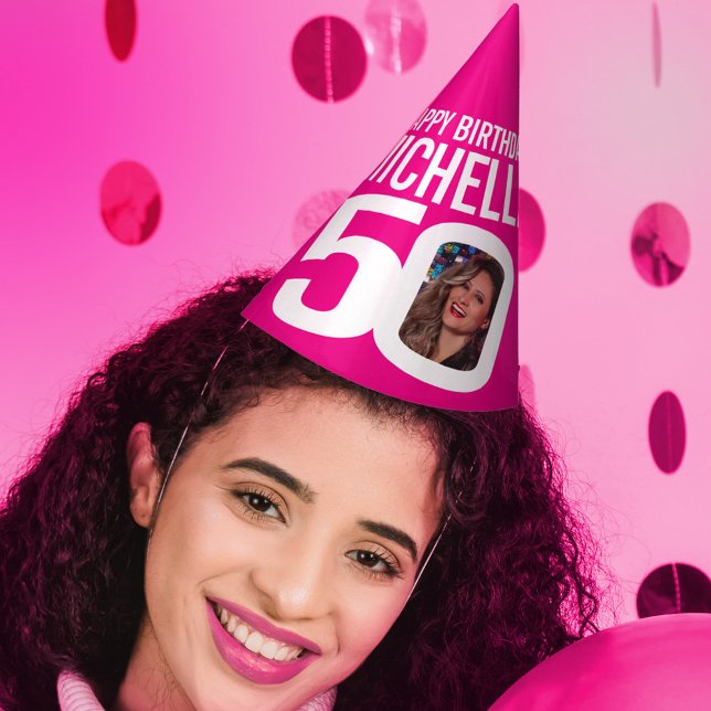 Chapéu De Festa Foto de 50 anos, foto personalizada, rosa quente b (Criador carregado)