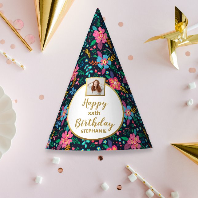 Chapéu De Festa Foto personalizada de flores silvestres feliz aniv (Criador carregado)