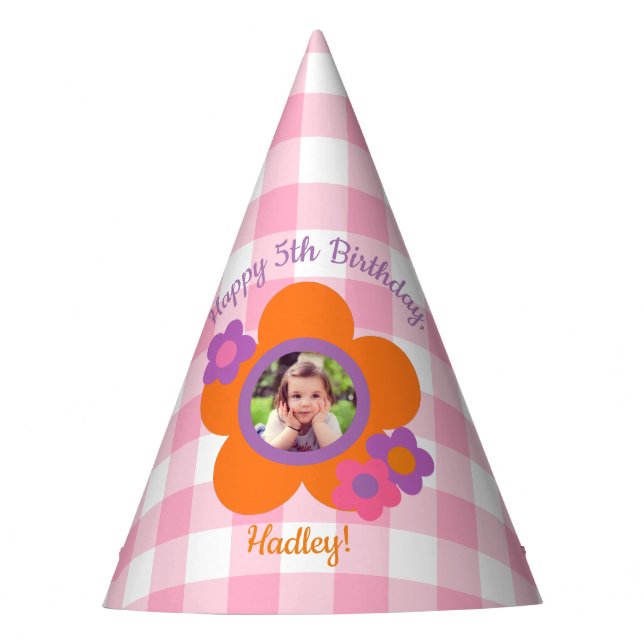 Chapéu De Festa Gingham Personalizado e Flowers Photo Party Hat (Frente)