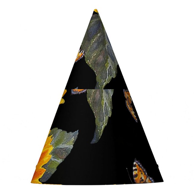 Chapéu De Festa Girassóis e borboletas: Fundo Preto de Aquarela (Frente)