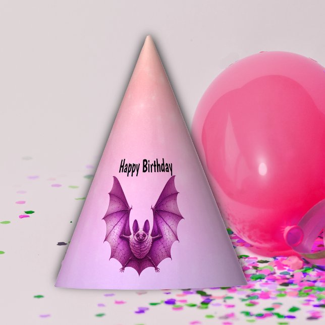 Chapéu De Festa Gothic Dark Pink Flying Spooky Birthday Bat (Flying Gothic dark pink Bat on Happy Birthday purple pink paper party hat.)