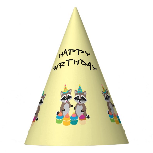 Chapéu De Festa guaxinins bonitos e cupcakes de feliz aniversário  (Frente)