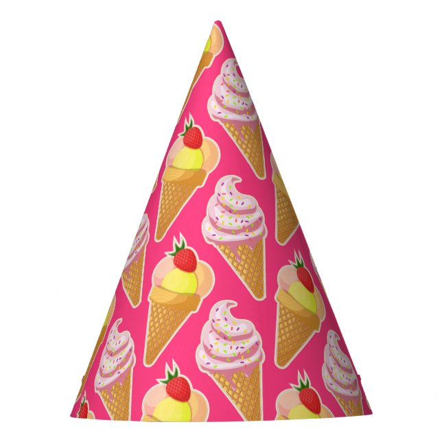 Chapéu De Festa Kawaii pink pattern with strawberry ice cream (Frente)