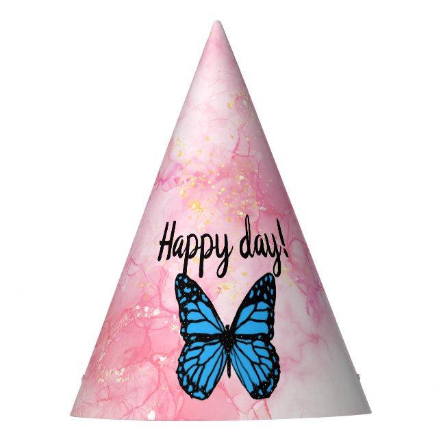 Chapéu De Festa Magical blue butterfly pink glitter art (Frente)