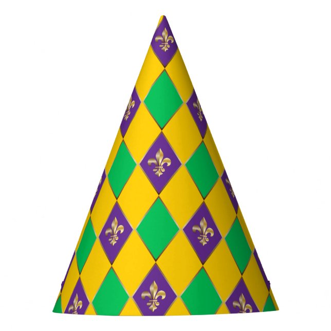 Chapéu De Festa Mardi Gras Carnaval Harlequin Fleur de Lis Diamond (Frente)
