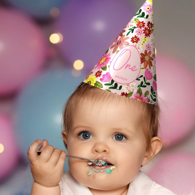 Chapéu De Festa Noivado de Uma Menina Rosa Bonita de Um Ano (Cute Pink Floral One Year Girl Birthday Party Hat)