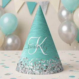 Chapéu De Festa Nome Monograma em Glitter Prateado e Metal Teal