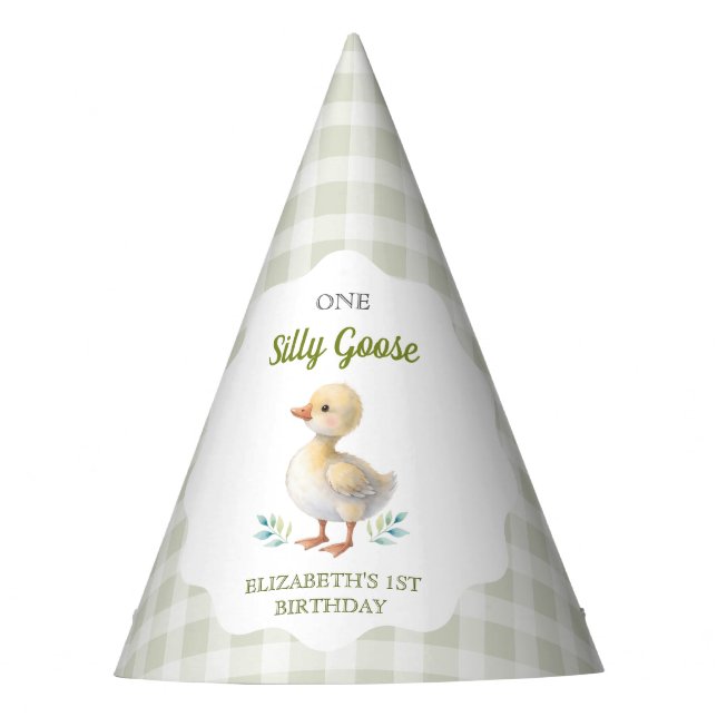 Chapéu De Festa One Silly Goose Green Gingham Baby First Birthday (Frente)