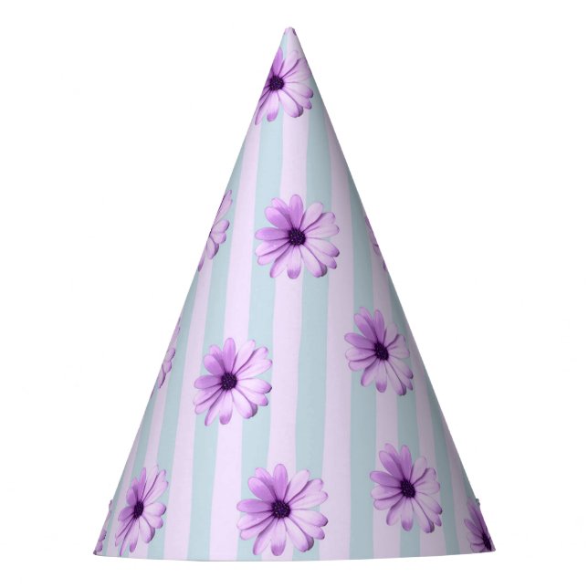 Chapéu De Festa padrão de margarida listrada de azul e roxo (Frente)