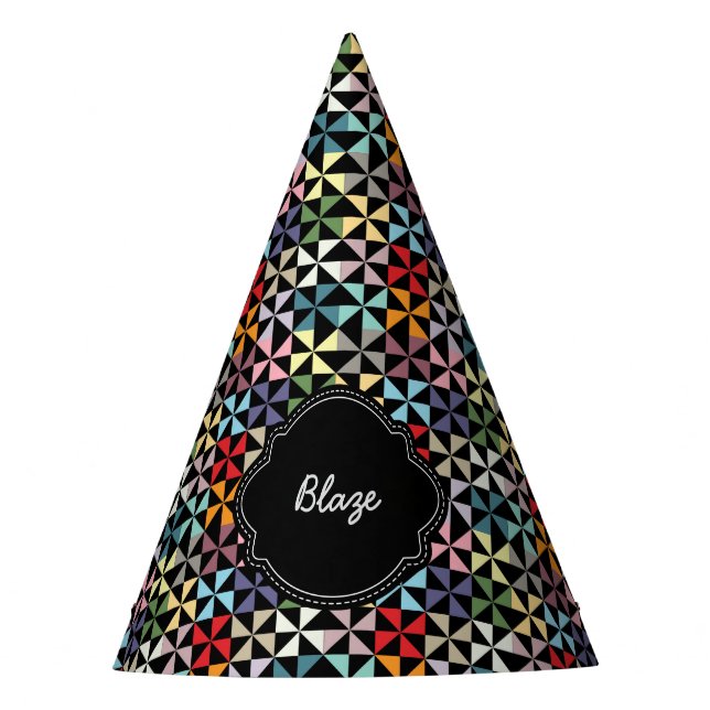 Chapéu De Festa Padrão de PinWheel de Nome Personalizado Preto (Frente)