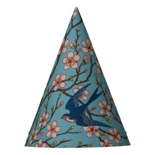 Chapéu De Festa Padrão Retrô de Andorinha Floral Azul por Walter C