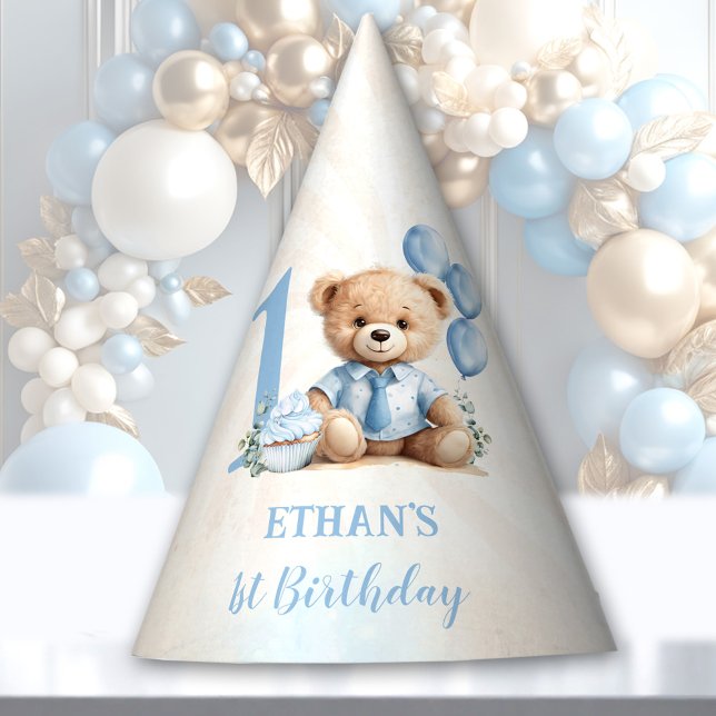Chapéu De Festa Papel Balões Azul primeiro aniversario Urso de Ted (Teddy Bear 1st Birthday Blue Balloons Paper Party Hat)