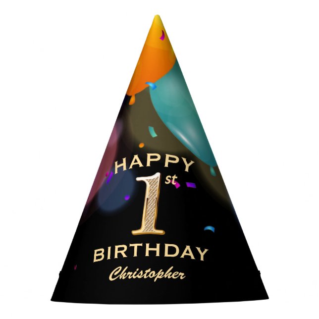 Chapéu De Festa Partido primeiro aniversario, Negra e Dourado, que (Frente)