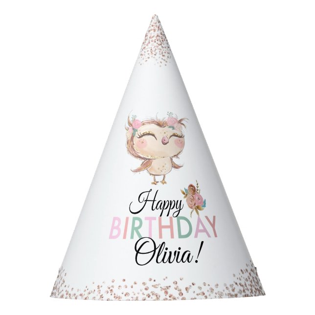 Chapéu De Festa Peachy Owl Faux Glitter Birthday Hat (Frente)