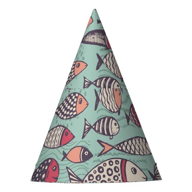 Chapéu De Festa Peixes engraçados: padrão sem costura desenhado à  (Frente)