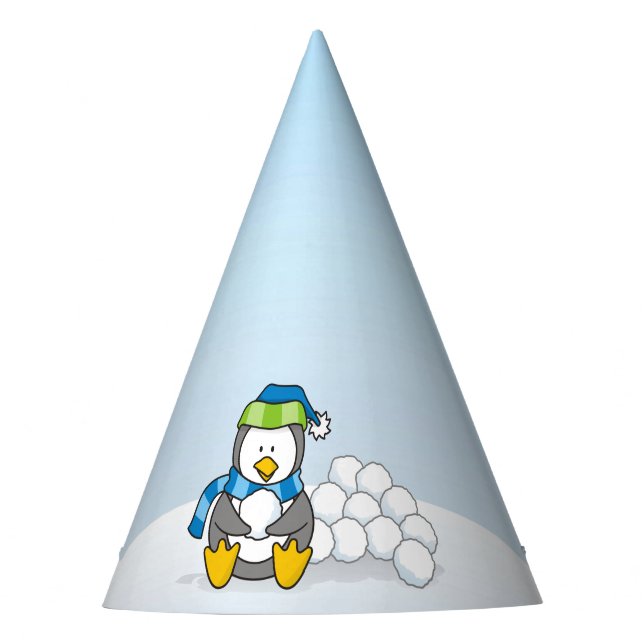 Chapéu De Festa Pequeno pinguim sentado com bolas de neve (Frente)