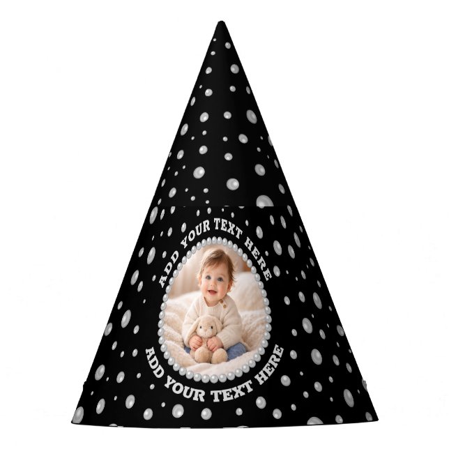 Chapéu De Festa Personalized Photo with Pearls Circle on Black (Frente)