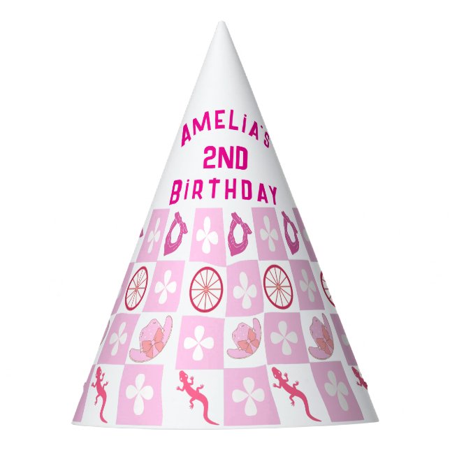 Chapéu De Festa Personalized Pink Cowgirl Checkered Birthday  (Frente)