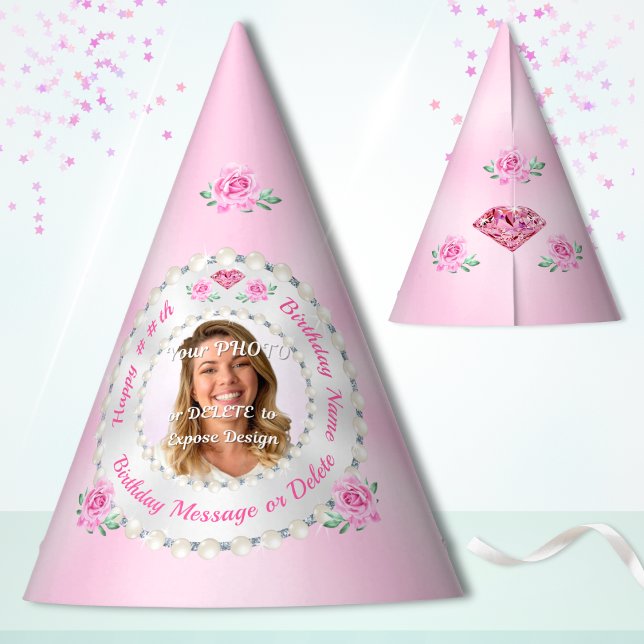 Chapéu De Festa PHOTO and Custom Birthday Hats, Pink Birthday Hats (Party Hats with Photo. Personalised Birthday Party Hats. Personalized photo party hats for her.)