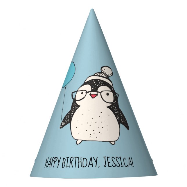 Chapéu De Festa Pinguim bonito com um balão personalizado Aniversá (Frente)