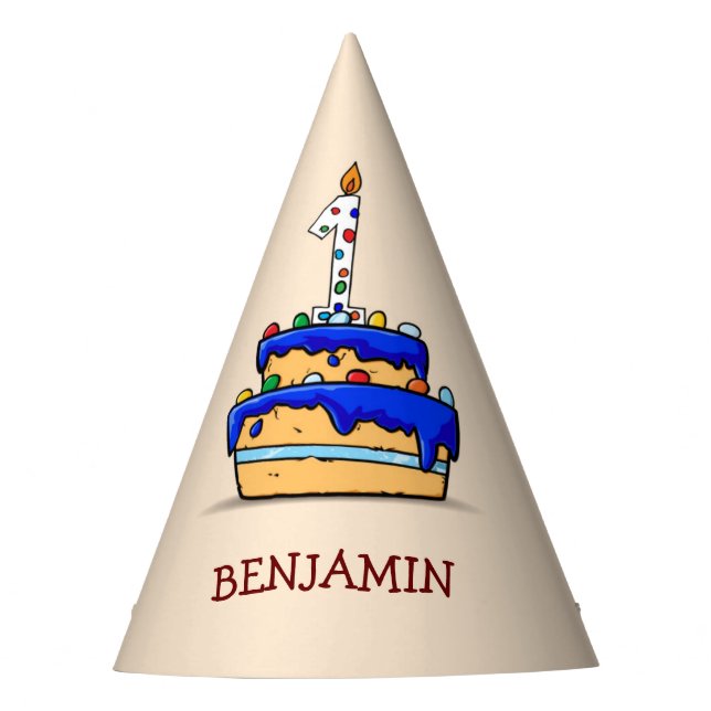 Chapéu De Festa Primeiro aniversario, 1 no Bolo Azul Doce (Frente)