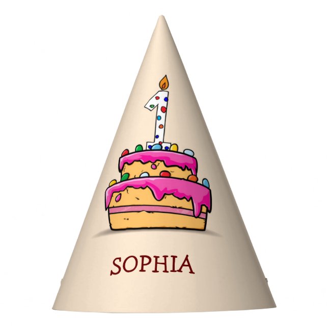 Chapéu De Festa Primeiro aniversario, 1 no Bolo Rosa Doce (Frente)