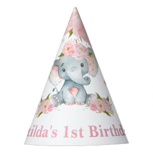 Chapéu De Festa Primeiro aniversario de Elefante Bebês, Cor-de-Ro