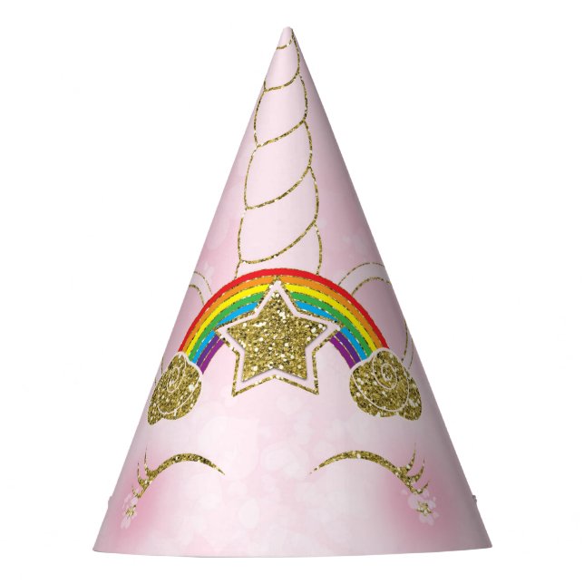 Chapéu De Festa Rosa e Dourado Rainbow Star Unicorn (Frente)