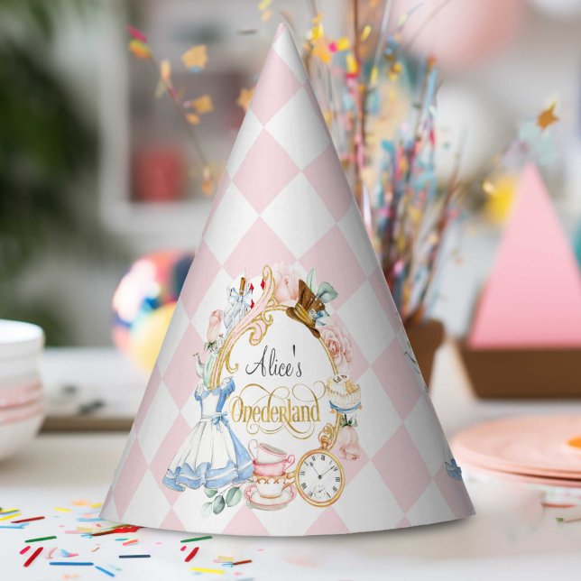 Chapéu De Festa Rosa, primeiro aniversario Menina, Alice Onderland (Pink, Girl 1st birthday, alice onederland themed birthday cone party hat.)