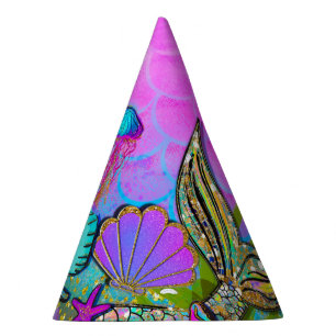 Chapéu De Festa Sereias & Conchas de Mar Partido Rosa Brilhante
