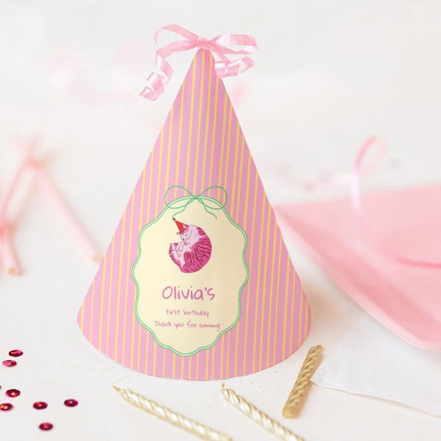 Chapéu De Festa Sleepy Cat 1st Birthday Yellow Stripes (Criador carregado)